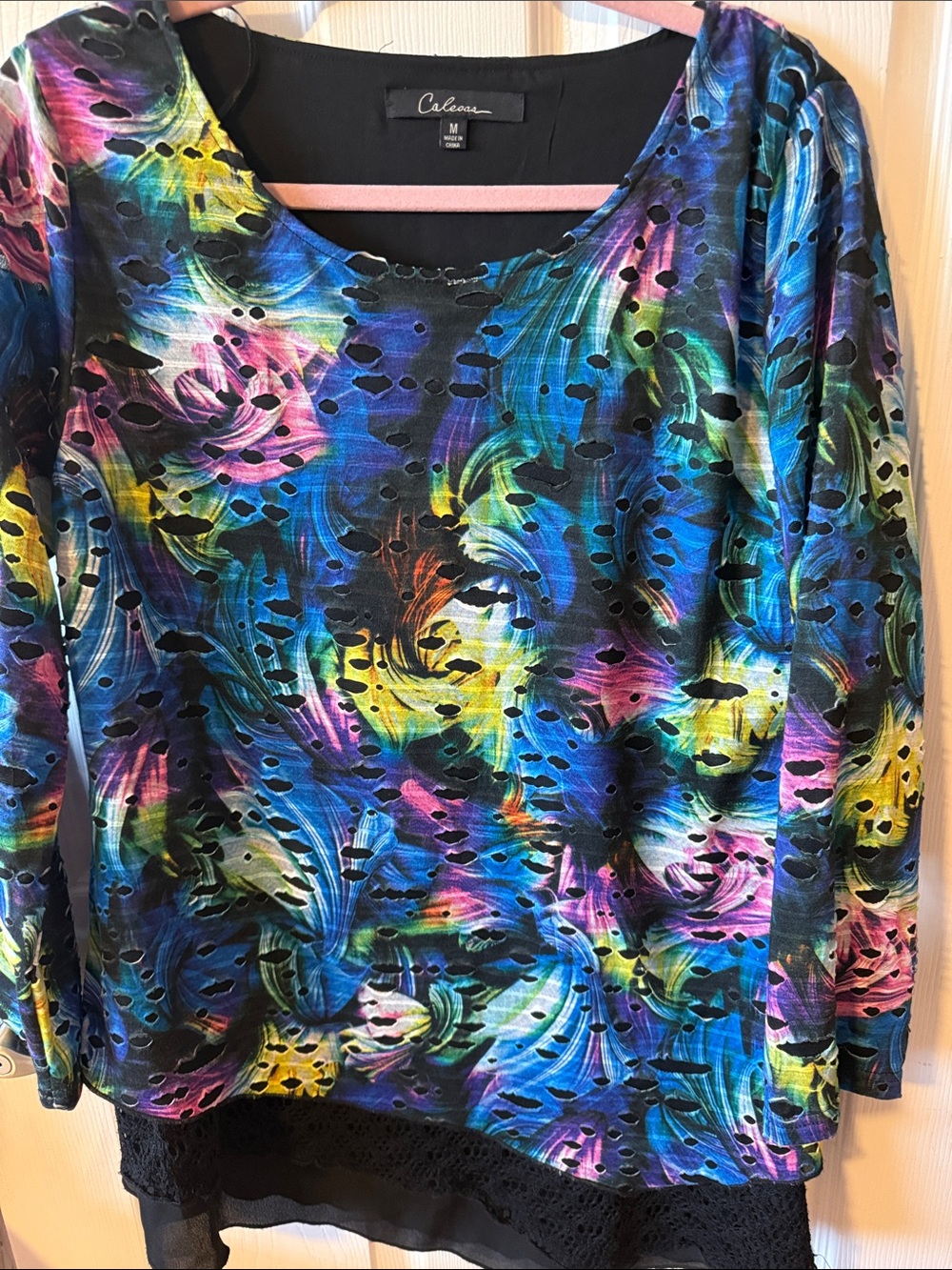 Calessa Multicolor Swirl Lace-Hem Women's Top - Blue/Black